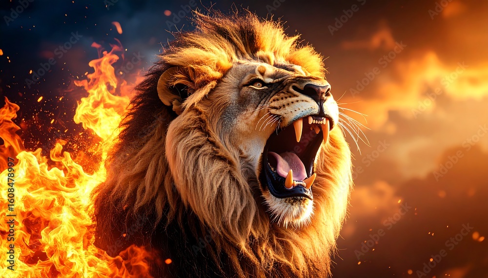 Naklejka premium Powerful lion roaring, surrounded by flames, against a dramatic sunset