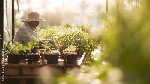 A gardener in a sunhat carefully tends to potted plants in a wooden planter box, surrounded by warm sunlight filtering through greenhouse glass.