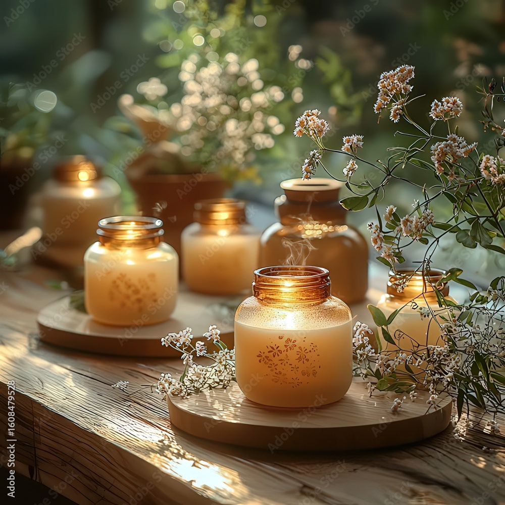 Obraz premium Tranquil candle display with glowing jars and delicate flowers, creating a serene ambiance for home decor and relaxation.