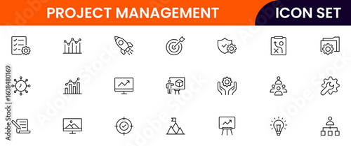 Quality management vector line icons featuring inspections, checklists, standards, testing, certifications, audits, processes, improvements, compliance, and product accuracy symbols.