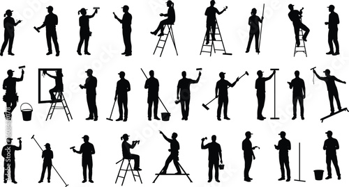 Silhouette vector illustration of professional workers painting, cleaning, inspecting, and repairing on ladders and platforms with construction tools and equipment