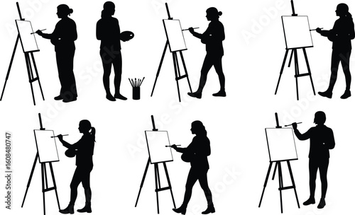 Silhouette vector illustration of female artist painting on canvas with brush and palette in creative art studio, standing and drawing