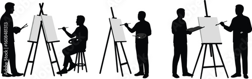 Silhouettes of male artists painting and sketching on canvas with brushes and palettes, flat vector art, creative studio concept