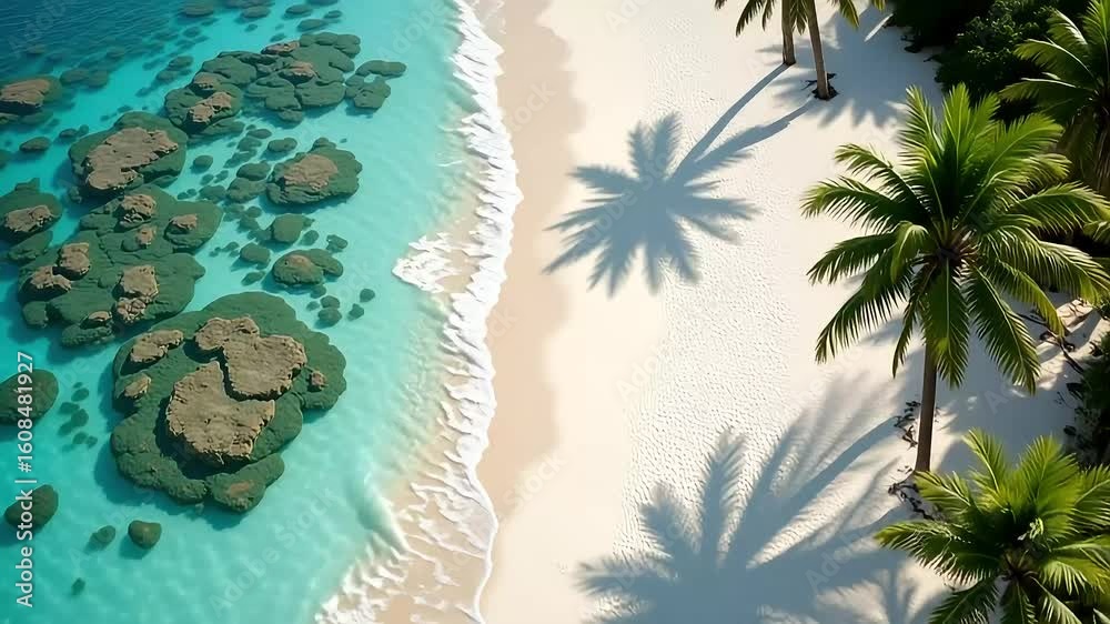 Tropical Paradise Beach with Palm Tree Shadows and Turquoise Waters