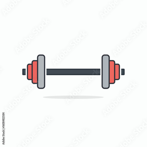 Barbell with gray plates and red weights resting on a white surface