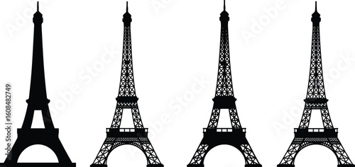 Black silhouette of Eiffel Tower in different styles, Paris landmark vector set, France tourism symbol, architectural monument illustration design