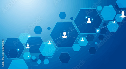 Blue network of hexagons connects people icons with lines and bright spots