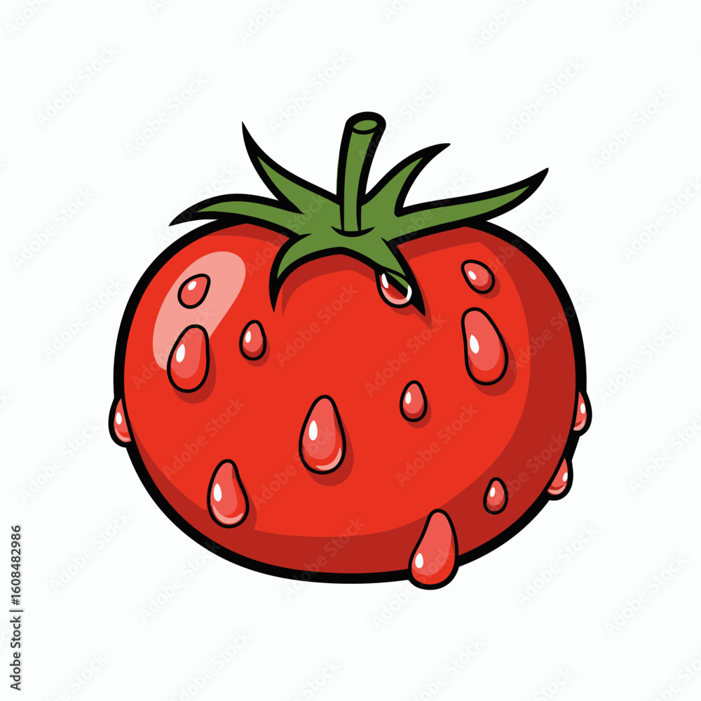 Obraz premium Cartoon tomato red round shiny with green stem and water droplets