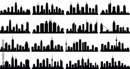 Collection of black city skyline silhouettes, modern urban skyline icons, architecture design elements, skyscraper outlines for cityscape vector illustrations