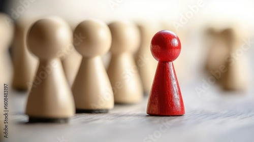 A red and white wooden game piece stands out against a blurred background of other game pieces.
