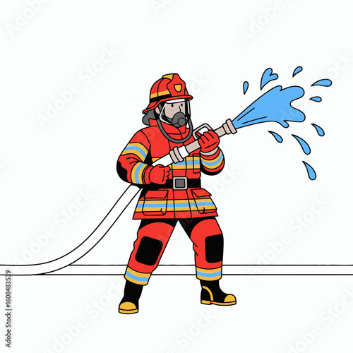 Firefighter in red gear hoses water