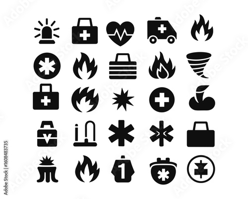 Emergency and Disaster Icon Set. Fire, Medical, Rescue, Alert, Safety Symbol Vector Collection