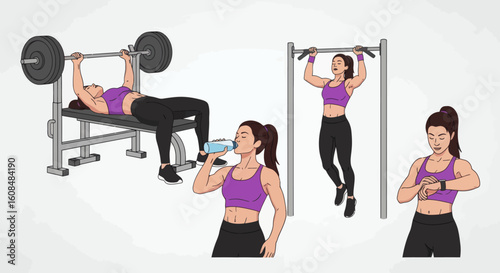 Four women in a gym setting bench pressing hydrating doing pullups and checking a smartwatch