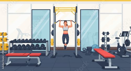 Gym scene with woman doing pullups amidst weights benches machines and mirrors