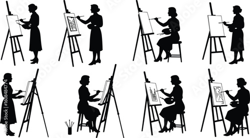 Silhouette of female artists painting on canvas, sitting or standing at easel, holding palette and brush, vector illustration set