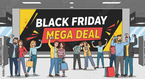 People hold up phones taking photos of a Black Friday Mega Deal sign in a store