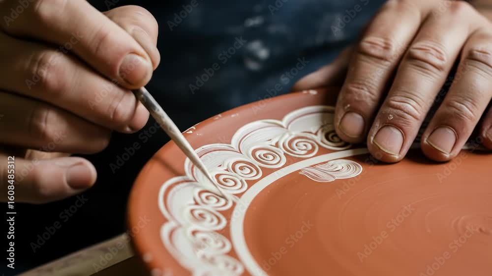 Close-Up of Artisan Hands Decorating a Ceramic Plate with Intricate White Patterns