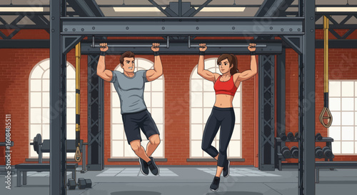 Two individuals male  female in gym doing pullups on metal frame with red brick wall and weight equipment background
