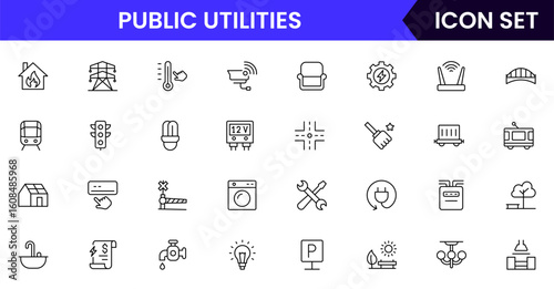 Public utilities vector line icons featuring water, electricity, gas, waste management, infrastructure, service meters, maintenance, power plants, and community resources.