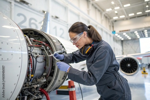 A woman in a blue jumpsuit is working on an airplane engine