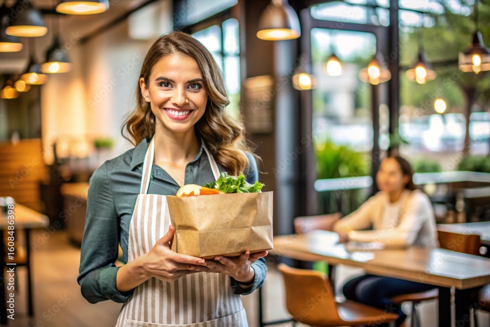 Fototapeta premium A woman is smiling and holding a brown paper bag with vegetables in it