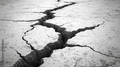 Grayscale Close Up of a Large Crack in Asphalt Showing Extensive Damage