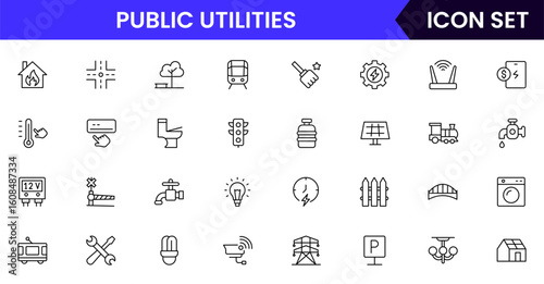 Public utilities vector line icons featuring water, electricity, gas, waste management, infrastructure, service meters, maintenance, power plants, and community resources.
