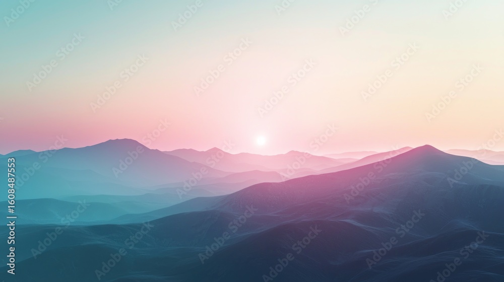Fototapeta premium A serene mountain landscape with a pink and blue gradient sky, a sun setting behind the mountains, and a clear horizon.