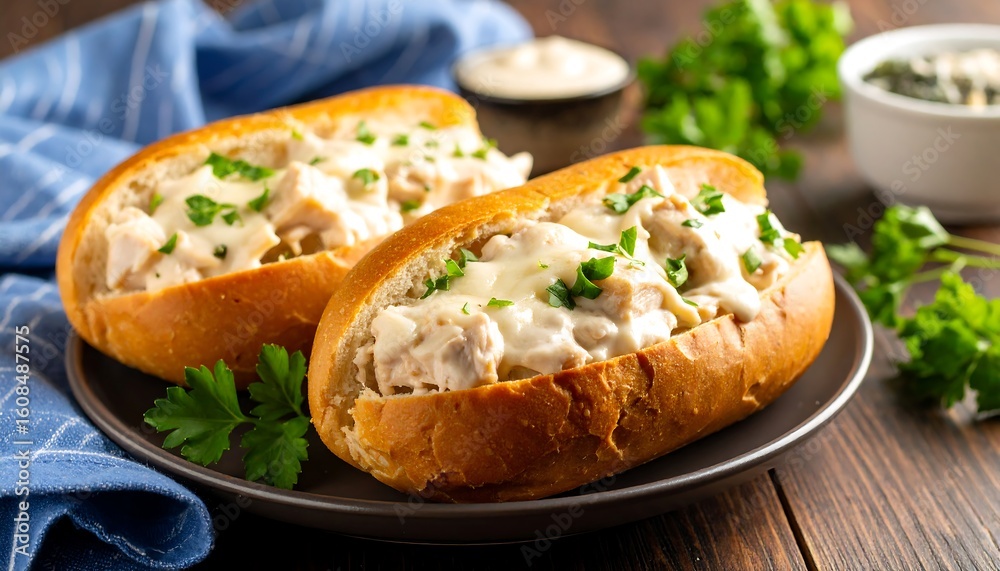 Two chicken sandwiches on buns, topped with creamy sauce and melted cheese. Fresh parsley is scattered on top. A dollop of creamy sauce is beside the sandwiches Two chicken sandwiches on buns, topped with creamy sauce and melted cheese. Fresh parsley is scattered on top. A dollop of creamy sauce is beside the sandwiches