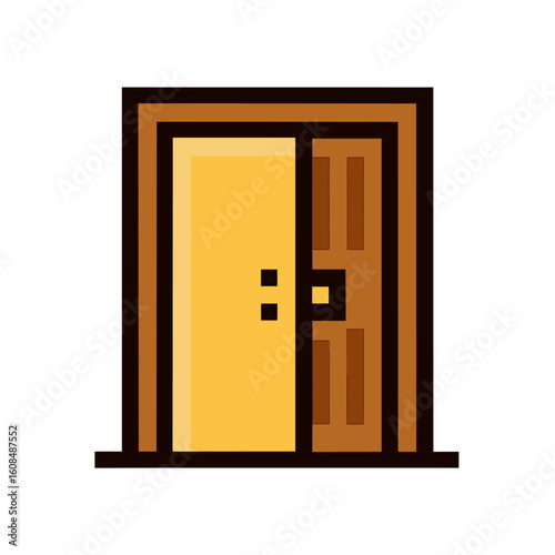 Pixel open closed door vector icon on white background.