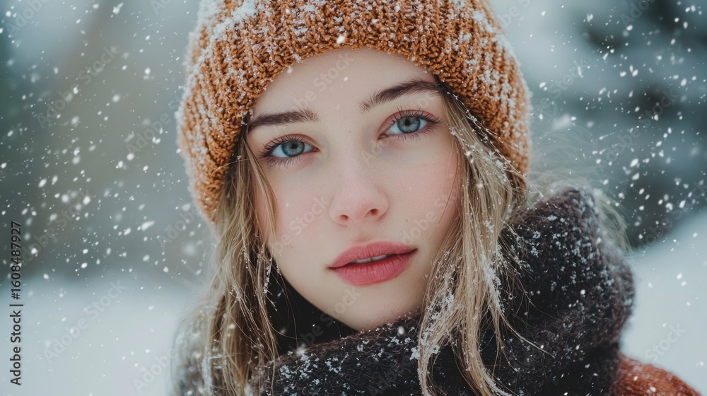A woman with long blonde hair wearing a brown knitted hat and a black scarf, standing in a snowy forest with snowflakes falling around her. A woman with long blonde hair wearing a brown knitted hat and a black scarf, standing in a snowy forest with snowflakes falling around her.