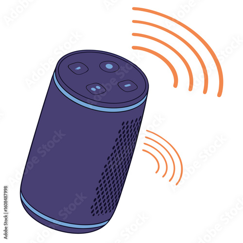 Illustration Art Vector Smart Speaker with Buttons and Sound Waves in Blue and Orange Modern Style