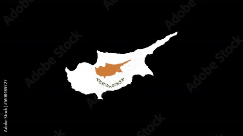 The national flag of Cyprus, featuring the island's copper-colored map and two olive branches, isolated on a solid black background.