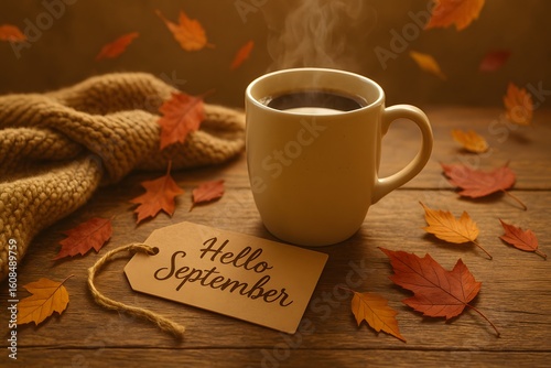 Coffee Mug with Falling Autumn Leaves and Welcome September Sign