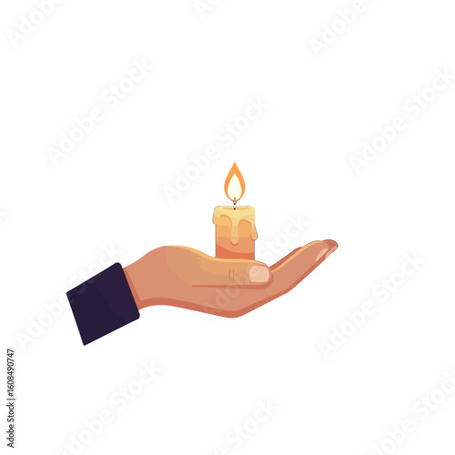 A hand holding a lit candle with dripping wax against a white background.