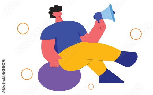 A person with light skin and dark hair holds a megaphone digital marketing flat style vector illustration