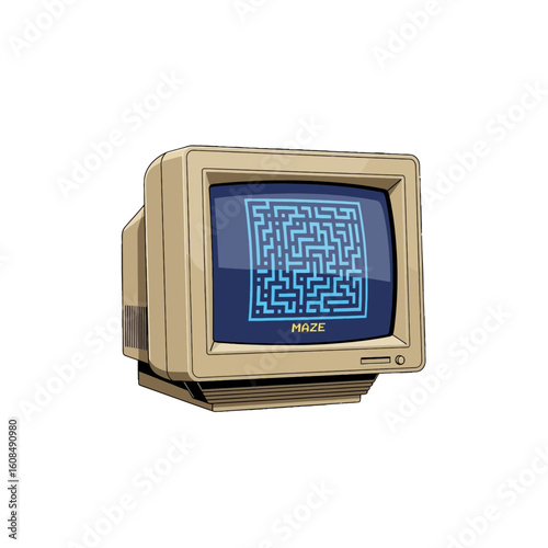 A vintage computer monitor displays a blue maze game on the screen.
