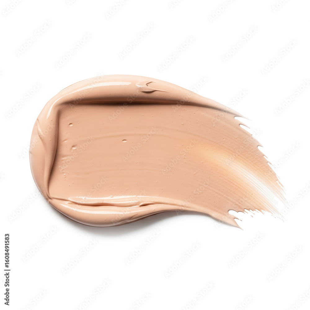 Fototapeta premium A smooth, curved swipe of beige foundation makeup with visible texture marks from application, isolated on a clean white background. 