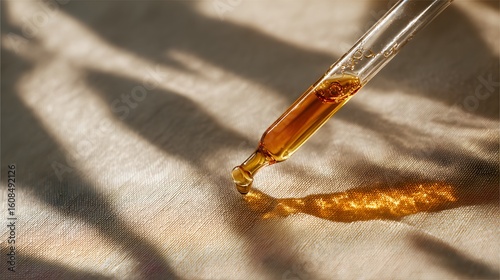 Wellness concept close-up of essential oil dropper in a calm natural light aromatherapy setup