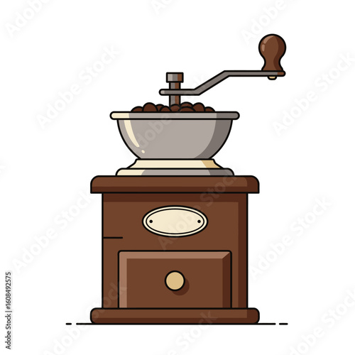 Detailed Illustration of a Vintage Coffee Grinder with Beans and Handle.
