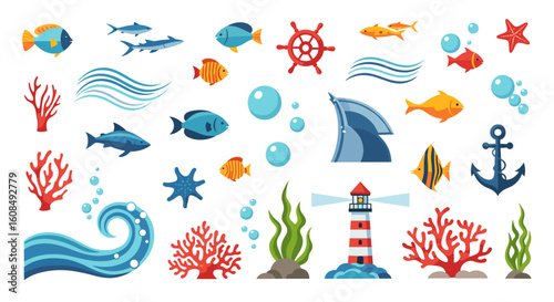 Illustration of various sea elements including fish coral anchor lighthouse and shark fin underwater life theme