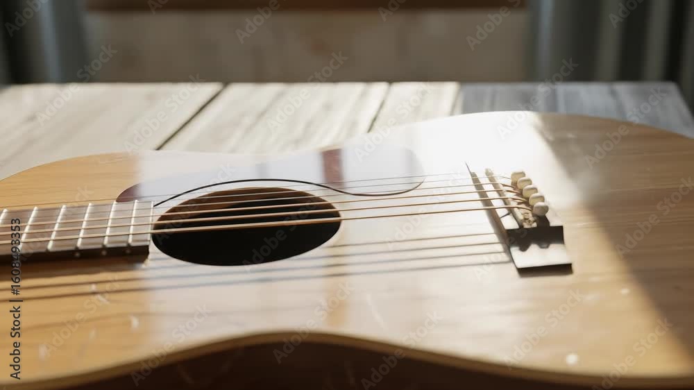 Beautiful Acoustic Guitar on a Textured Wooden Table Bathed in Sunlight