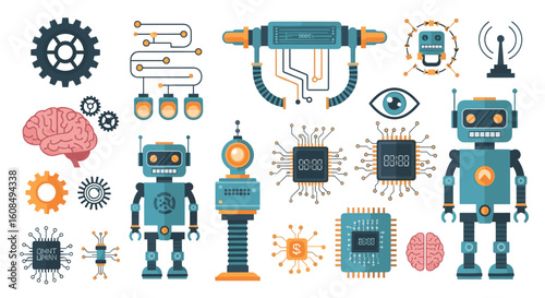 Illustration of various robot parts including gears, brains, robots, and microchips spread out