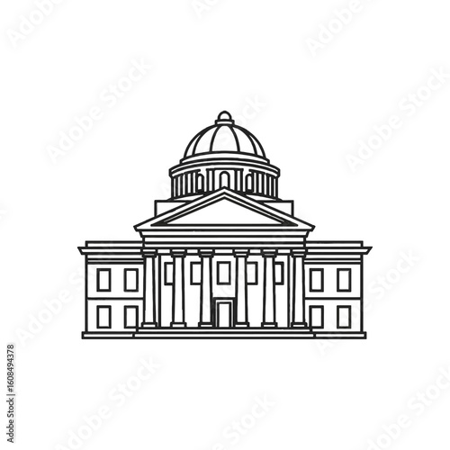 Simple black and white outline drawing of a government building, likely a capitol.