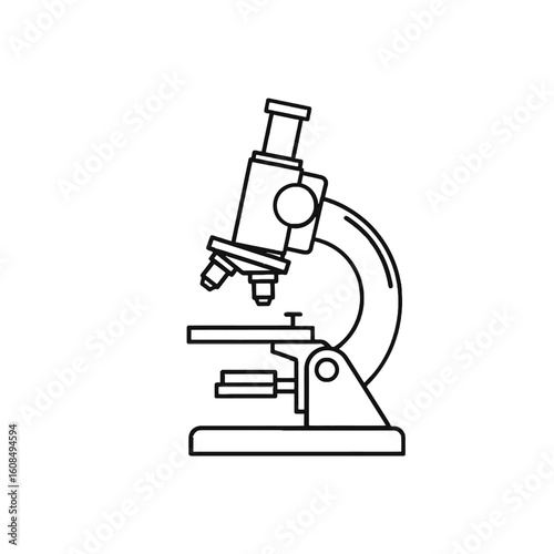 A black and white line drawing of a microscope, viewed from the side, against a white background.