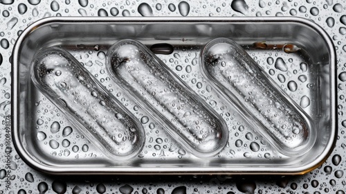 Stainless steel tray with clear containers and water droplets