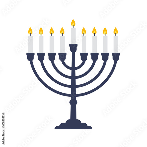 Lit Hanukkah Menorah with Eight Candles Burning Brightly in Celebration