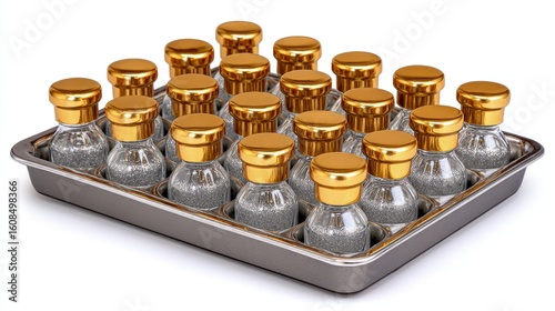Stainless steel tray with gold capped glass bottles