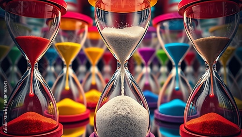 Colorful overlapping hourglasses with upward-flowing sand, depicting the unique perception of time in ADHD.