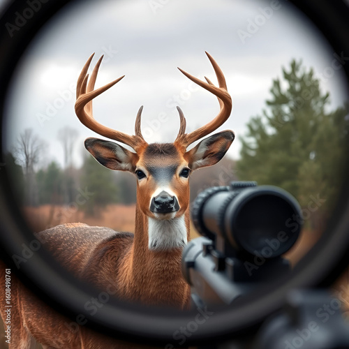 A male deer seen through the scope of a hunting rifle